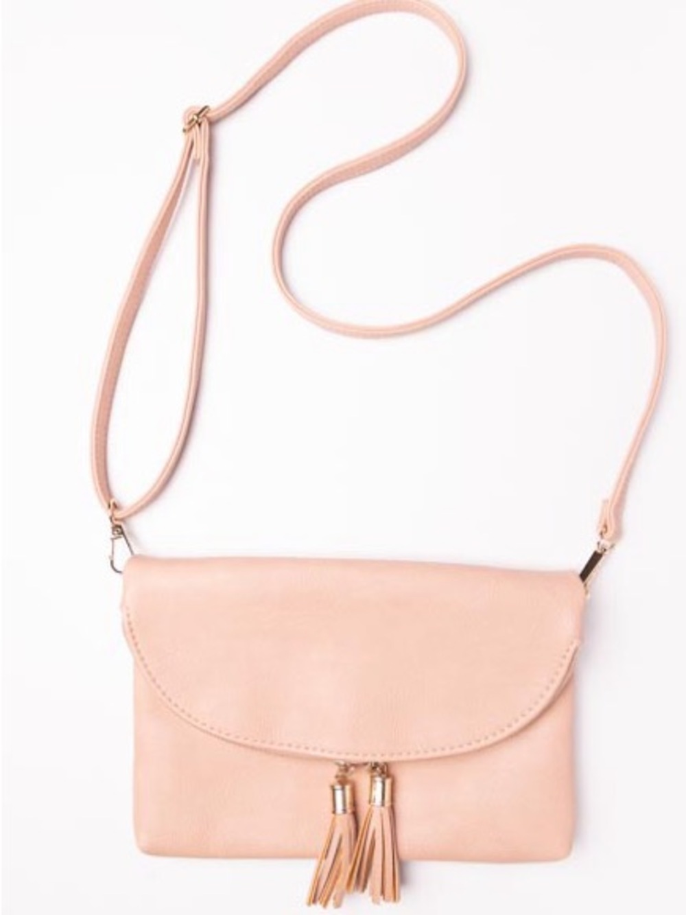 Solene Blush Pink Vegan Leather Foldover Envelope Crossbody Clutch Tassel Purse